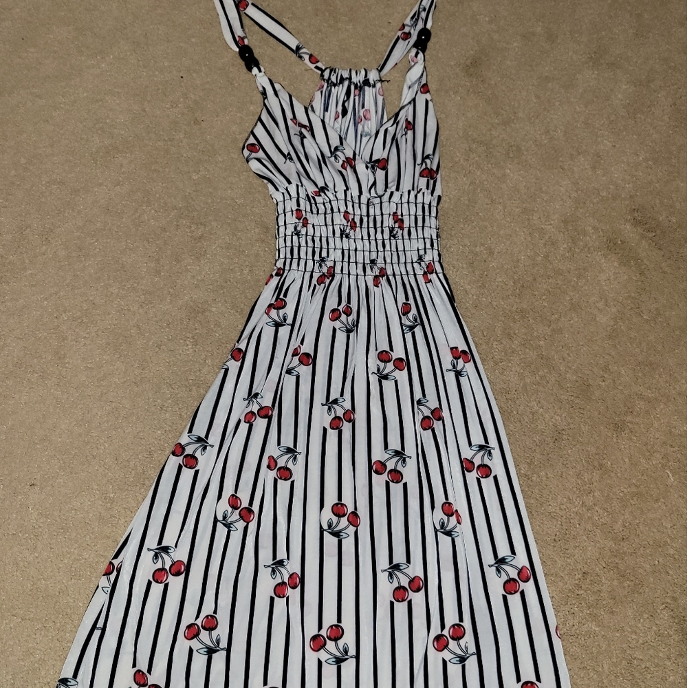 Y2k Cherry Print Striped Midi Dress